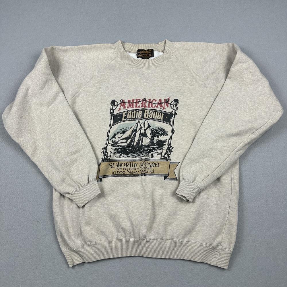 Vintage Eddie Bauer Sweater Men Large Gray Crewneck Fleece Nautical Graphic L